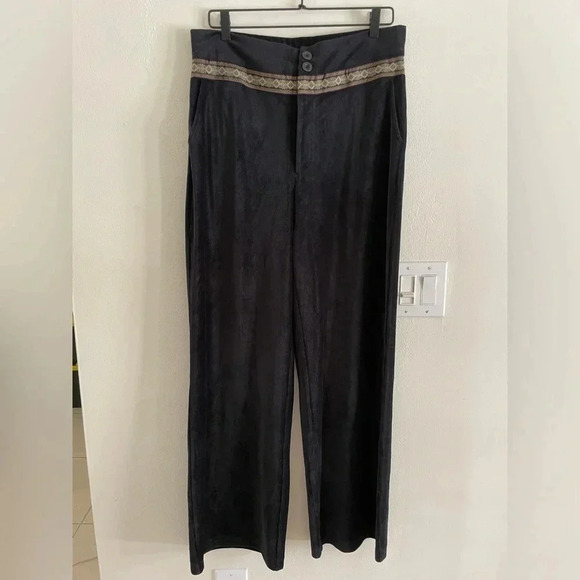 Celestial Blue Black Corduroy Ribbon Detail High Rise Loose Leg Pant Women’s Med - Picture 2 of 12